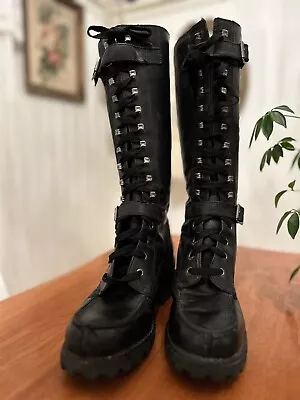 Vintage Zodiac Leather Lace Up Boots Black 1970’s 60 Chunky Steampunk Sz 10 • $129