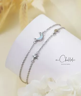 Dainty Opal Moon Double Chain Bracelet Crescent Moon And Star Bracelet • $20.15