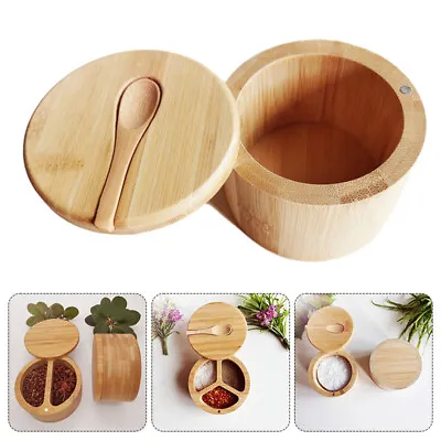 Round Bamboo Salt Bowl Container Jar Magnetic Lid Kitchen Seasoning Storage Box • £12.04