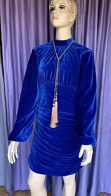 PRETTYLITTLETHING Blue Stretch Velvet Bodycon Evening Dress Size 8 • $23.21