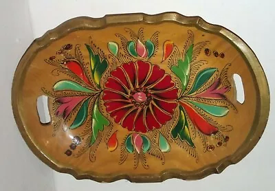  Mexican Oval Wood Scalloped Edge Hand Painted  Floral Tray Platter With Handles • $9.74