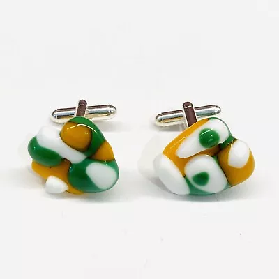 Green/White/Orange Abstract Fused Glass Murano Glass & Silver Cufflinks • £12.50