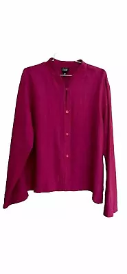 Eileen Fisher Large Magenta Pink Linen Jacket Blouse Mandarin Collar Long Sleeve • $27