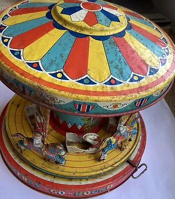 Vintage J Chein Playland Merry Go Round Wind Up Tin Toy USA Carousel Parts AS IS • $79.95