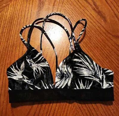 Pink Victoria’s Secret Bra Medium Velvet Triangle Strappy Bralette Black Silver • $24.99