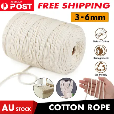$8.90 • Buy 3/4/5/6mm Natural Cotton Twisted Cord Craft Macrame Artisan Rope Weaving Wire AU