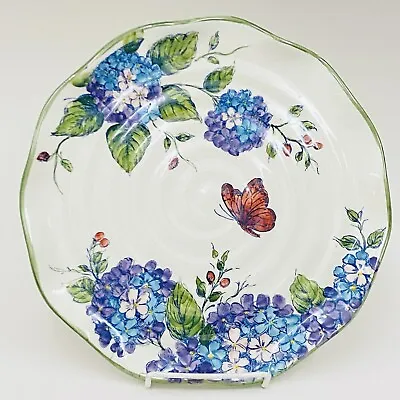 RARE Maxcera Blue HYDRANGEA Butterfly Green Trim Curve Edge Dinner Plate 11  • $14.95