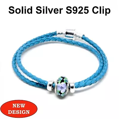 Double Leather Bracelet S925 Silver Clip Stoppers & Murano Charm Turquoise • £14.99