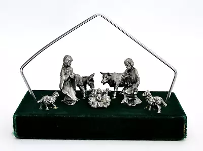 Miniature Pewter Nativity Holy Family Scene - 7 Piece - On Velvet Base • $15