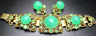 SELRO Glowing Green Rhinestone Cabochon Vintage Bracelet Earring Set • $149.99