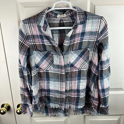 Women's Bella Dahl Long Sleeve Raw Hem Plaid Top Pink Blue Medium M Linen Blend • $28.97