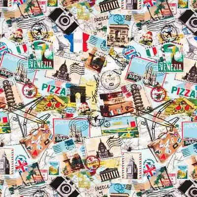 World Travel Collage Camera Photos Paris Rome Vacation Tour Cotton Fabric T2/26 • $11.99