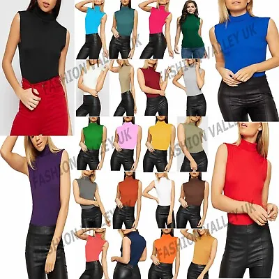 £6.99 • Buy Womens Sleeveless Polo Neck Top Ladies Roll Neck Turtle High Neck Plain Top 8-26