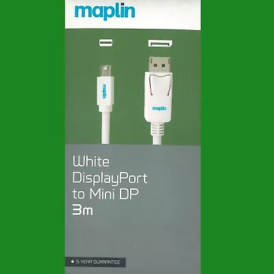 White DisplayPort 3m To Mini DP Maplin Adapter Lead 4K PC TV Monitor Cable • £6.99