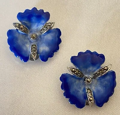 Vintage Blue Enamel & Marcasite Lily Orchid Flower Clip On Earrings Silver Tone • £20