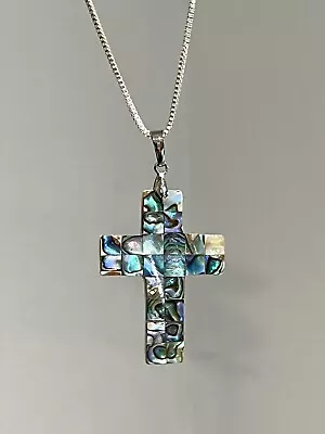 New Stunning Abalone Cross Pendant On 925 Silver Chain Necklace • $14