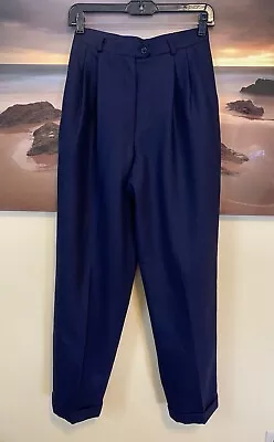 VTG 80s Ralph Lauren Navy Blue Wool Pleated Cuffed Lined High Waist Pants 4 • $55