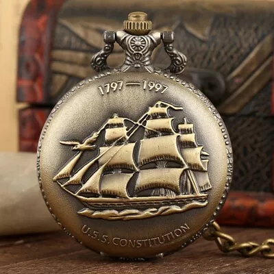 Retro Bronze Sailing Boat Ship Quartz Pocket Watch FOB Chain 30cm Women Men Gift • $4.69