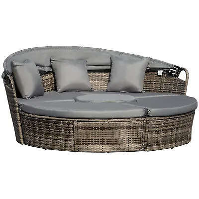 Outsunny 5 PCs Cushioned Outdoor Plastic Rattan Round Sofa Bed Table Set Grey • £385.99