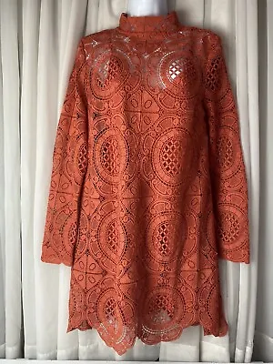 Free People Burnt Orange Ibiza Medium Lace Long Sleeve Mini Dress • $79.99