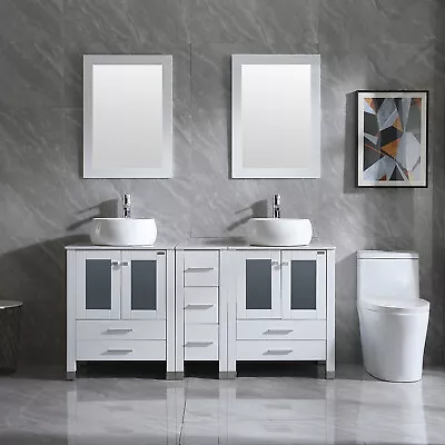 60'' White Double Vanity Cabinets Bathroom Ceramic Bowls Faucet W/Mirrors Combo • $1065.99
