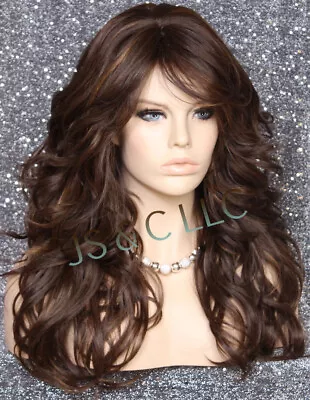 $94.95 • Buy Human Hair Blend Full Wig Brown Mix Wavy Bangs Heat OK Feathered Sides WEPX 6/27