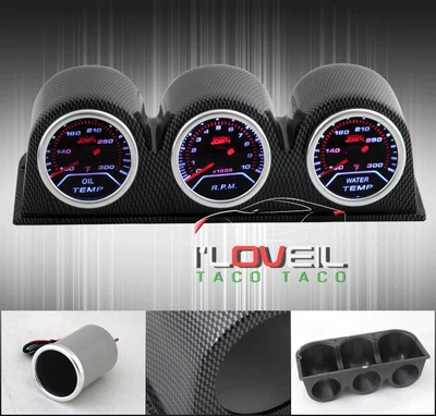 $61.99 • Buy Oil Water Temp Temperature + Tach Meter Tachometer Gauges + Cf Three Pod Holder