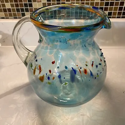 Large Hand Blown Mexican Confetti Glass Pitcher Art Glass Beautiful!! 8” • $25.99