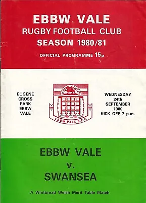 Ebbw Vale v Swansea 24 Sep 1980 Ebbw Vale RUGBY PROGRAMME • £4.99