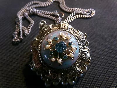 Vintage (1930's) Blue Rhinestone & Sim. Pearl Necklace-w/Gold Flecked Blue Globe • $8.99