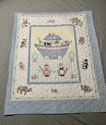 Vintage Crib Bedding Comforter Reversible ￼Duvet Noah’s Ark Animals Blue • $26.97