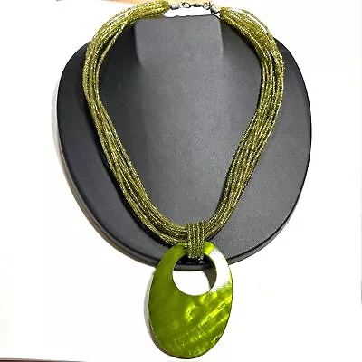 Olive Avocado Green Shell Pendant Multi Strand Seed Bead Necklace Boho Mermaid • $15.99