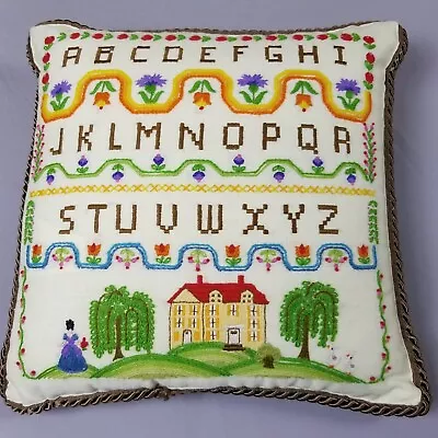 Vintage Crewel Embroidered Pillow Granny Core Decor Alphabet ABC Square 16 Inch • $21