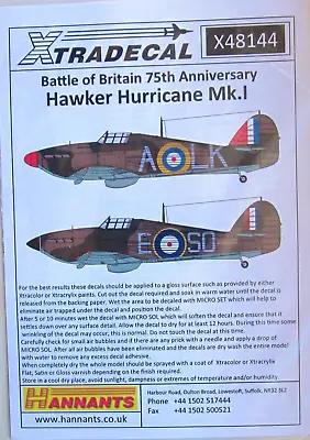 Xtradecal 1/48 X48144 Battle Of Britain Hawker Hurricane Mk.I  Decal Sheet • £9.61