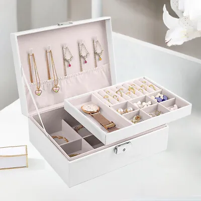 2 Layer White Jewellery Box Organizer PU Travel Jewellry Storage Case Box • £16.28