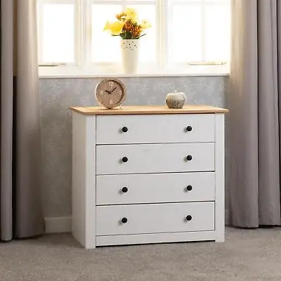 Panama 4 Drawer Chest Of Drawers White And Waxed Pine Bedroom Storage • £109.99