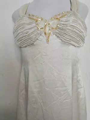 VTG Formal Gown Slit MadeInUsa Ivory Sz 8 M Beaded Gatsby Slip Evening Dress 90s • $44