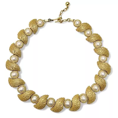 Vintage Crown Trifari Signed Textured Goldtone Faux Pearl Collar Necklace • $99.99