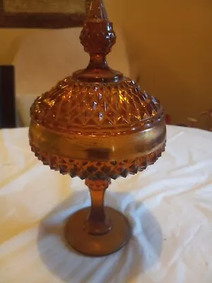 Vintage Amber Indiana Glass Diamond Point Compote Candy  Dish With Lid  • $4.25