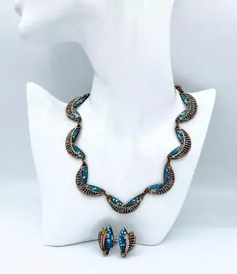 2 Pc Matisse Renoir Copper & Teal & White Enamel Necklace & Matching Earrings • $115