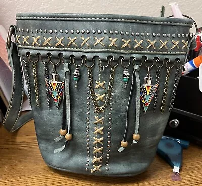 Montana West Feather Navy Boho Leather Bucket Bag Aztec Southwest Purse • $15