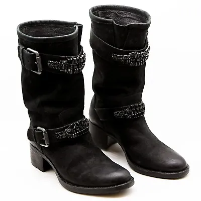 Vera Wang Moto Boots 7 Genuine Leather Mid Calf Jewel Buckle Lavender Collection • $71.99