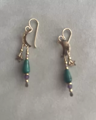 Tabra Vintage Wire Drop Earrings Moon And Stars Jade Green & Purple Bead • $135