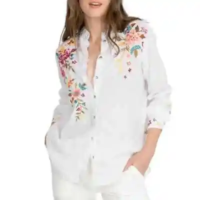 JOHNNY WAS Amara Floral Embroidered Mandarin Collar Shirt - White - Size M NWT! • $128