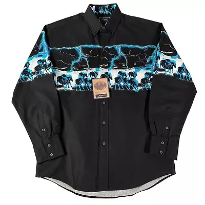 Vintage Roper Shirt Men XL Black Blue Horse Mustang Lightning Cowboy Western • $34.99