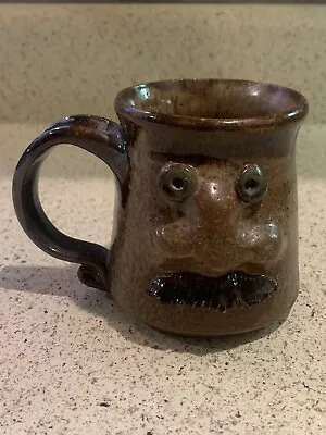 Artist Signed Handmade Pottery Mustache Face Coffee Mug / Tea Cup • $17.50