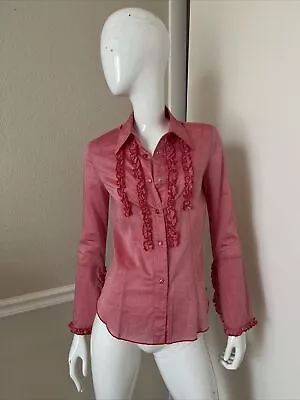 ANNA HULING NEW! VINTAGE Bright Pink Cotton Snap Front Ruffled Blouse Sz S NWOT! • $48.99