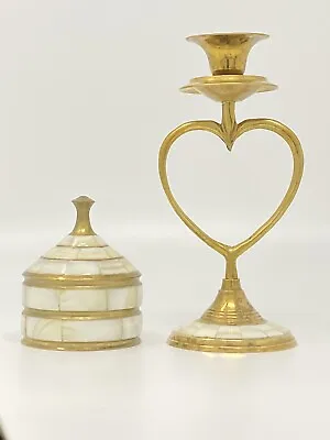 Mother Of Pearl Mosaic And Brass Trinket Box With Lid & Taper Candle Holder • $24.99