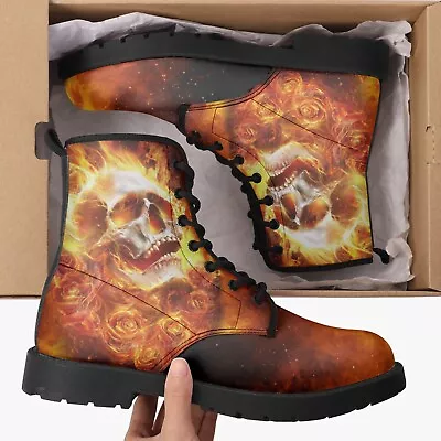 Mens Vegan Leather Boots Flaming Vampire Skull And Burning Roses Low Heel • $98