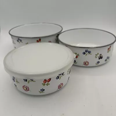 3 Villeroy & Boch Petite Fleur Enamel Metal Bowls EUC 7.25” 6.75” & 5.75” W/ Lid • $49.99